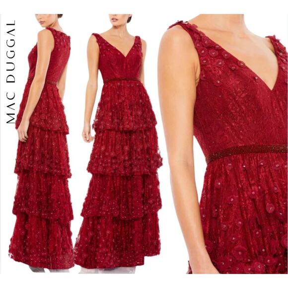 Mac Duggal Women’s Layered Floral Appliques Dress Burgundy Red 67710 - Size 4 - Picture 1 of 10